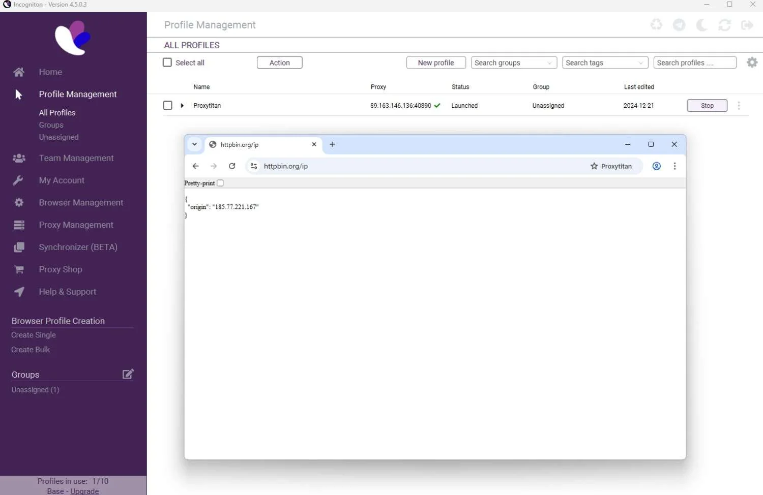 Launch Incogniton browser profile with proxy